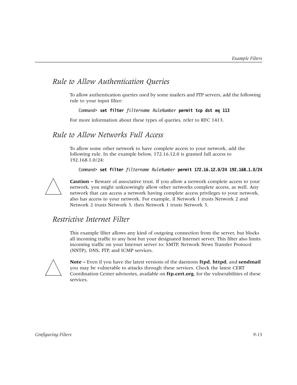 Rule to allow authentication queries, Rule to allow networks full access, Restrictive internet filter | Rule to allow authentication queries -13, Rule to allow networks full access -13, Restrictive internet filter -13 | Lucent Technologies PortMaster User Manual | Page 155 / 364