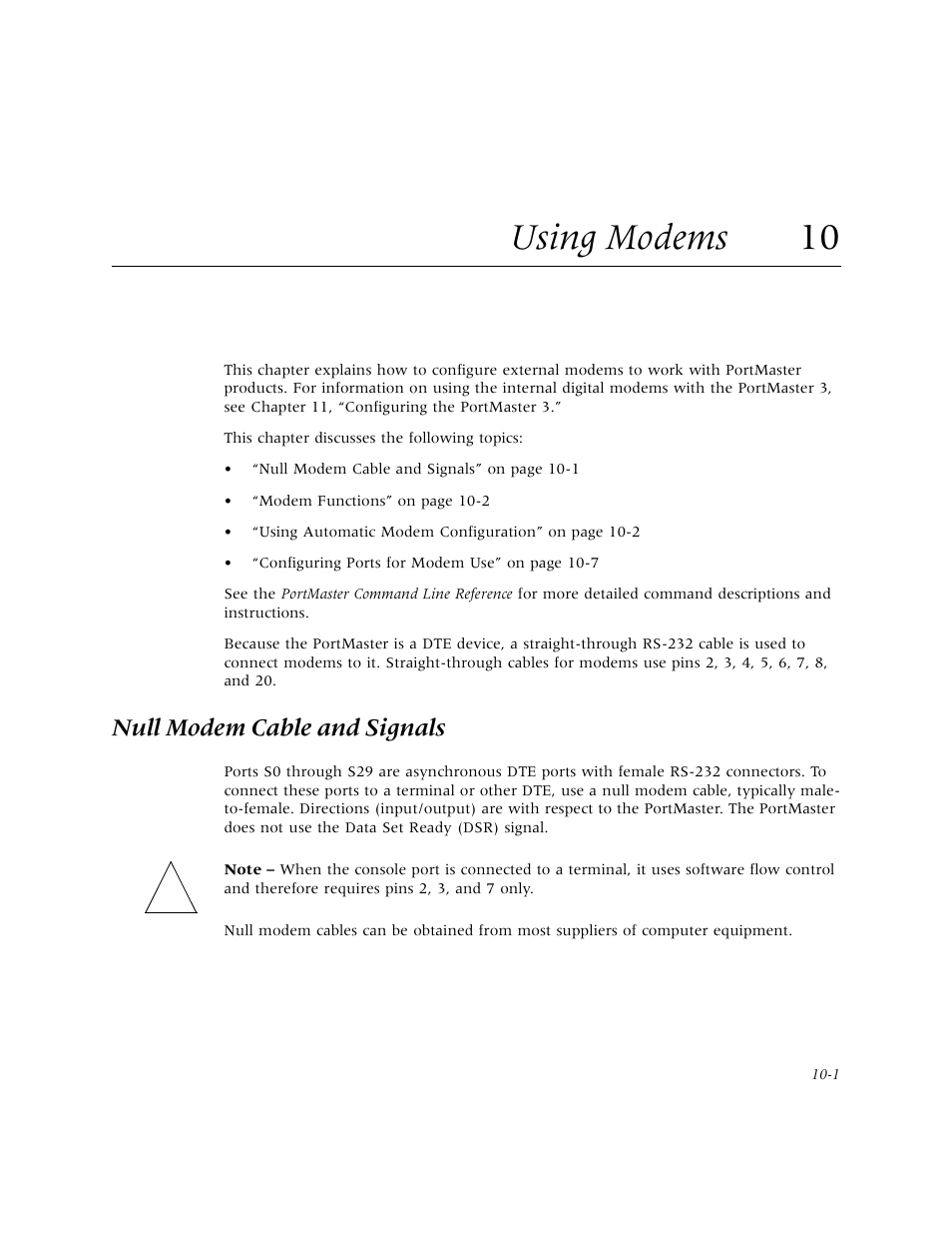 Using modems 10, Null modem cable and signals, Using modems | Null modem cable and signals -1 | Lucent Technologies PortMaster User Manual | Page 159 / 364