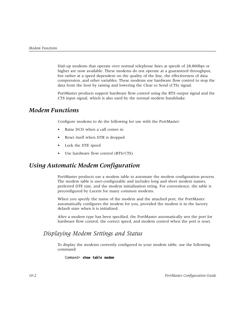 Modem functions, Using automatic modem configuration, Displaying modem settings and status | Modem functions -2, Using automatic modem configuration -2, Displaying modem settings and status -2 | Lucent Technologies PortMaster User Manual | Page 160 / 364