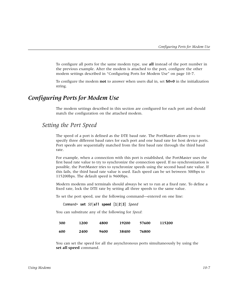 Configuring ports for modem use, Setting the port speed, Configuring ports for modem use -7 | Setting the port speed -7 | Lucent Technologies PortMaster User Manual | Page 165 / 364