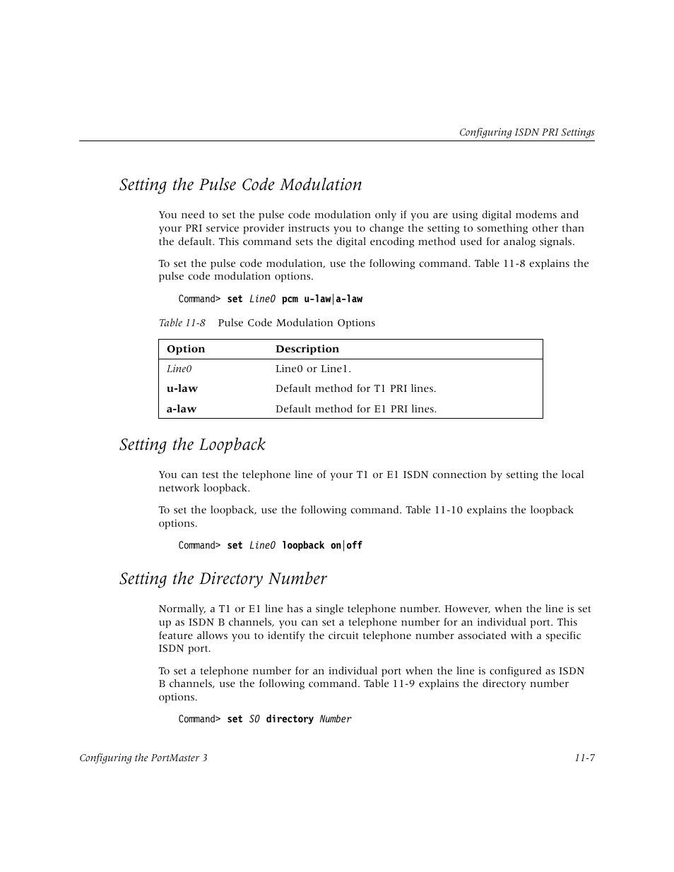 Setting the pulse code modulation, Setting the loopback, Setting the directory number | Setting the pulse code modulation -7, Setting the loopback -7, Setting the directory number -7 | Lucent Technologies PortMaster User Manual | Page 175 / 364