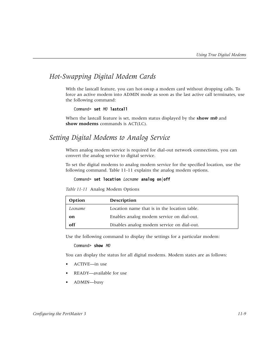 Hot-swapping digital modem cards, Setting digital modems to analog service, Hot-swapping digital modem cards -9 | Setting digital modems to analog service -9 | Lucent Technologies PortMaster User Manual | Page 177 / 364