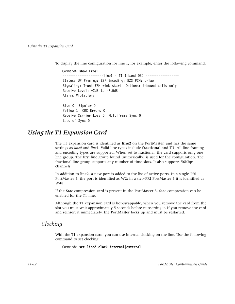 Using the t1 expansion card, Clocking, Using the t1 expansion card -12 | Clocking -12 | Lucent Technologies PortMaster User Manual | Page 180 / 364