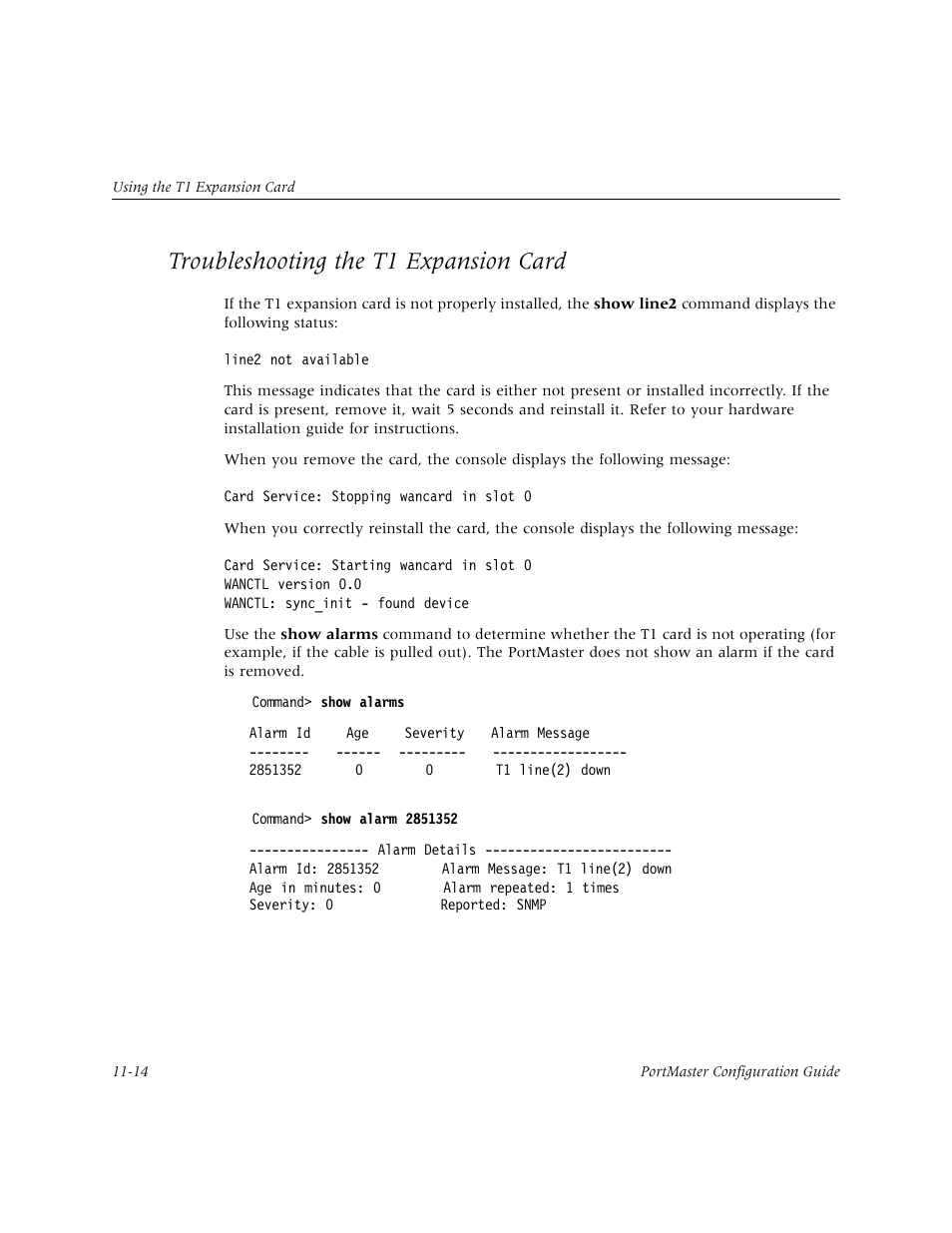 Troubleshooting the t1 expansion card, Troubleshooting the t1 expansion card -14 | Lucent Technologies PortMaster User Manual | Page 182 / 364