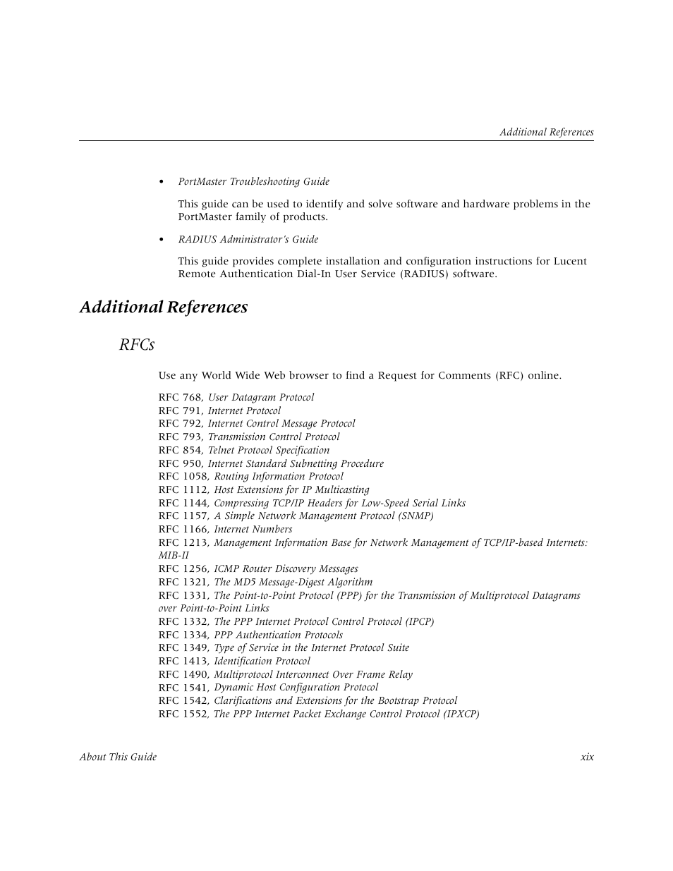 Additional references, Rfcs, Additional references rfcs | Lucent Technologies PortMaster User Manual | Page 19 / 364