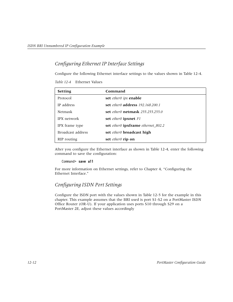 Configuring ethernet ip interface settings, Configuring isdn port settings | Lucent Technologies PortMaster User Manual | Page 196 / 364