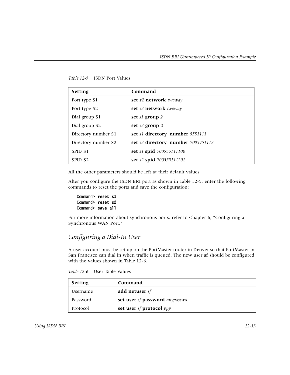 N in table 12, Configuring a dial-in user | Lucent Technologies PortMaster User Manual | Page 197 / 364