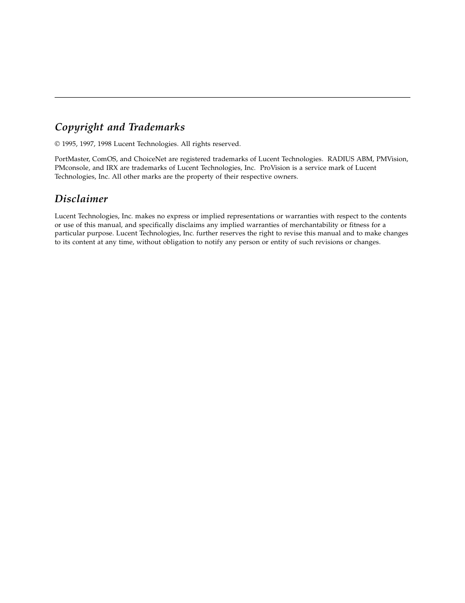 Copyright and trademarks, Disclaimer | Lucent Technologies PortMaster User Manual | Page 2 / 364