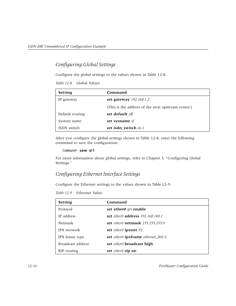 Configuring global settings, Configuring ethernet interface settings | Lucent Technologies PortMaster User Manual | Page 200 / 364
