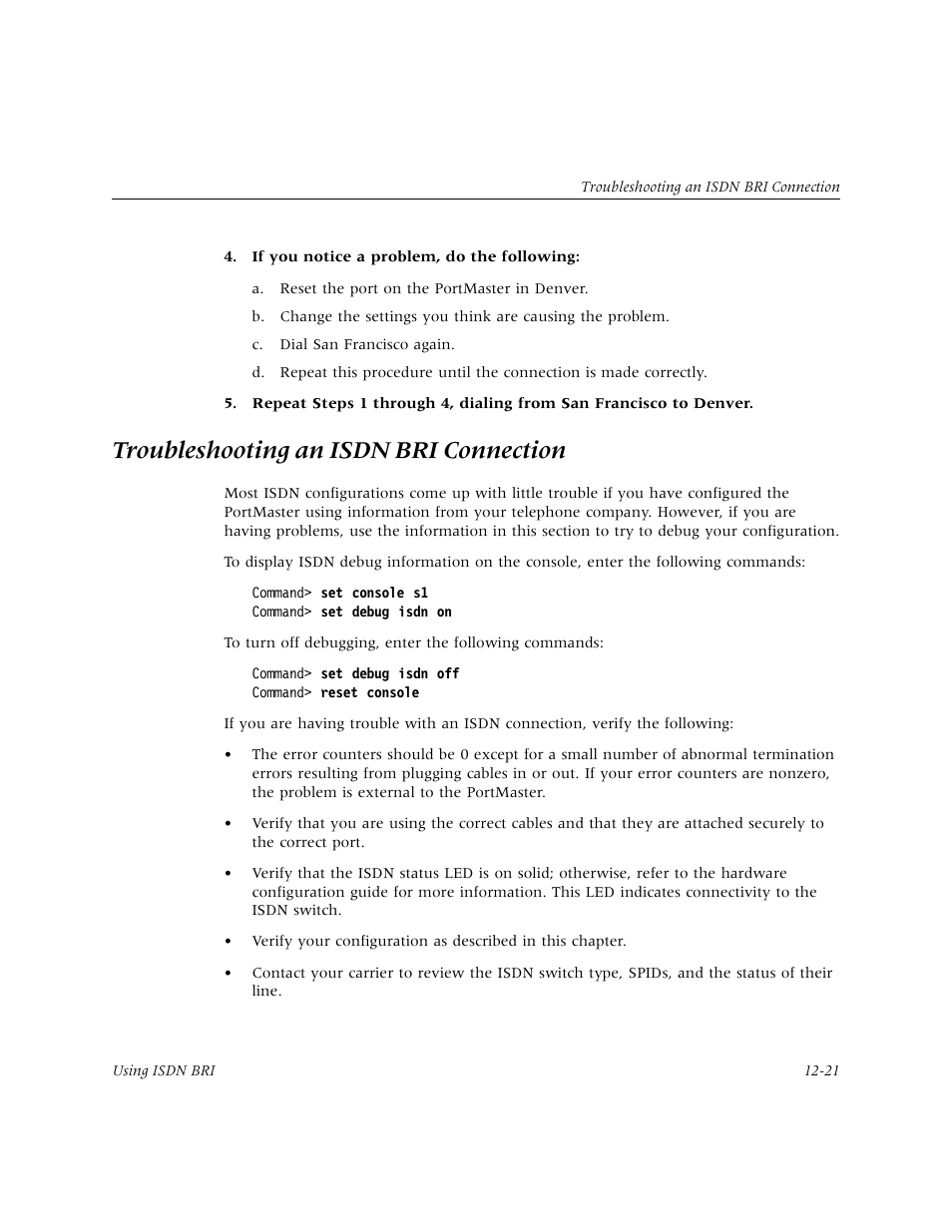 Troubleshooting an isdn bri connection, Troubleshooting an isdn bri connection -21 | Lucent Technologies PortMaster User Manual | Page 205 / 364