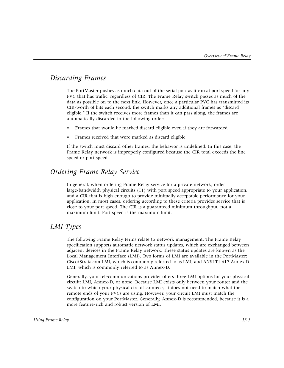 Discarding frames, Ordering frame relay service, Lmi types | Discarding frames -3, Lmi types -3 | Lucent Technologies PortMaster User Manual | Page 209 / 364