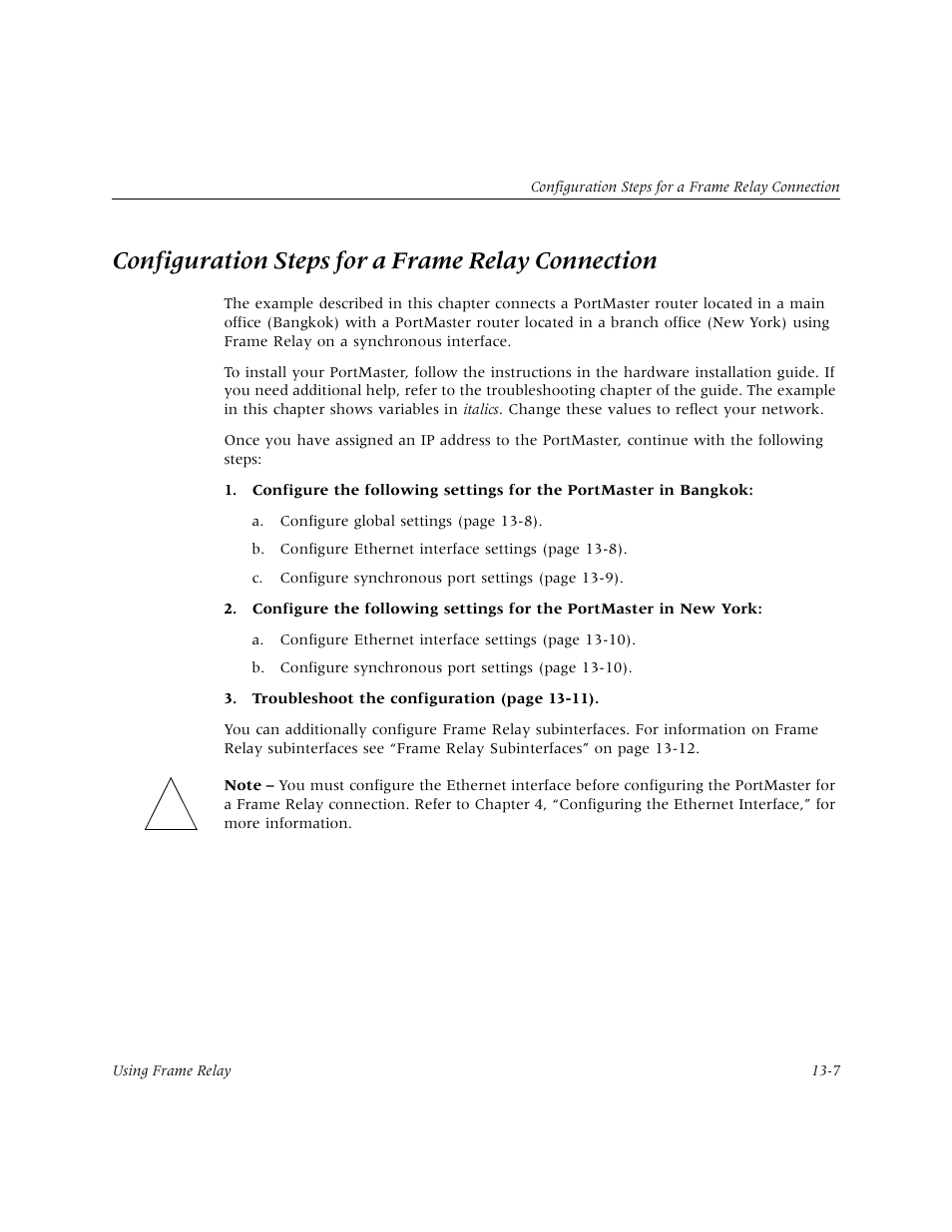 Configuration steps for a frame relay connection | Lucent Technologies PortMaster User Manual | Page 213 / 364