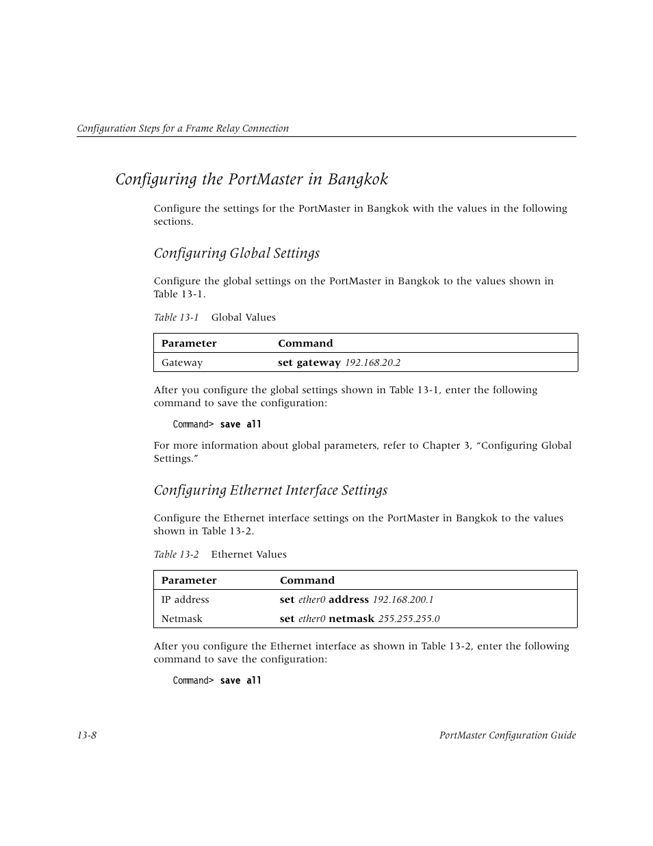 Configuring the portmaster in bangkok, Configuring the portmaster in bangkok -8, Configuring global settings | Configuring ethernet interface settings | Lucent Technologies PortMaster User Manual | Page 214 / 364