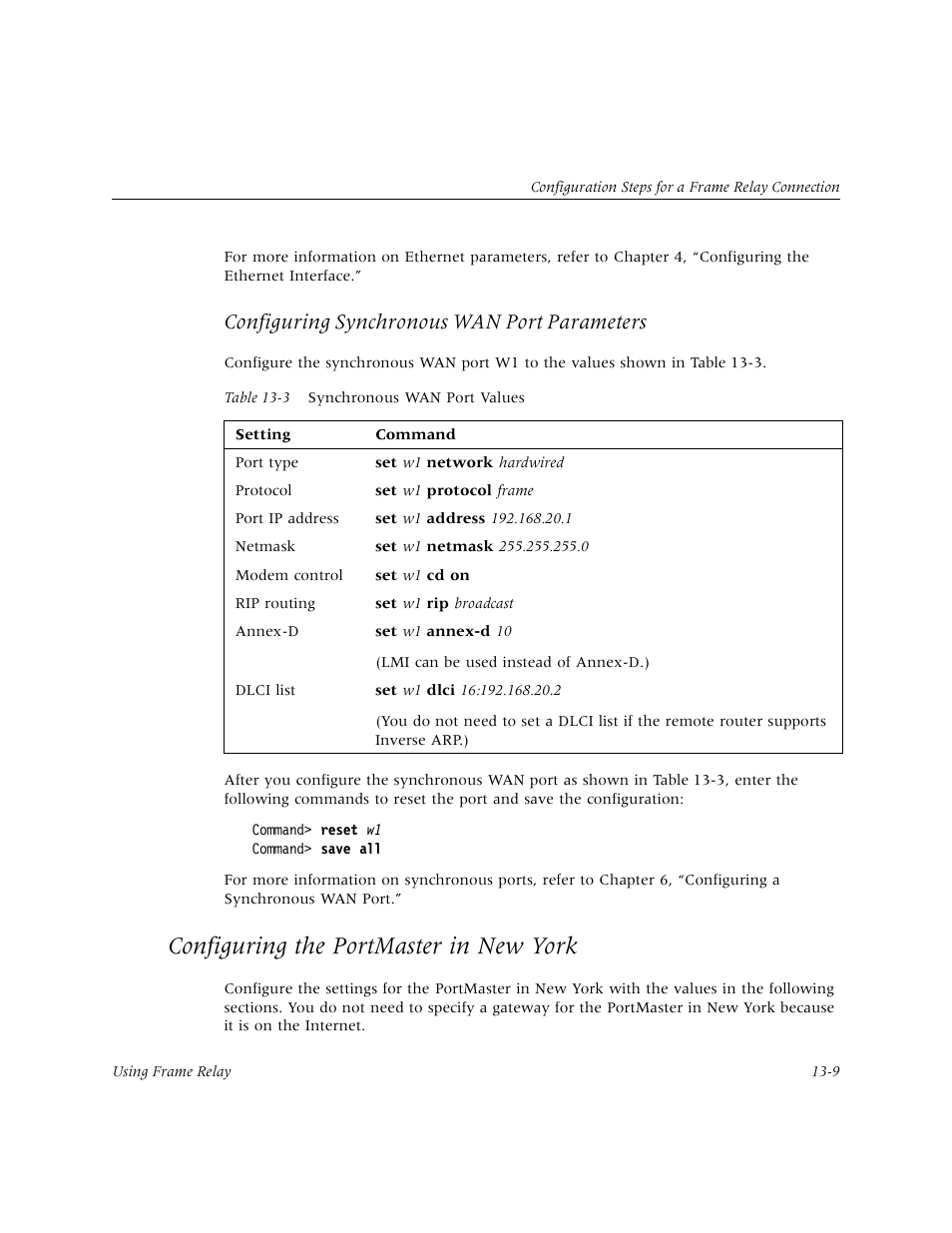 Configuring the portmaster in new york, Configuring the portmaster in new york -9, Configuring synchronous wan port parameters | Lucent Technologies PortMaster User Manual | Page 215 / 364