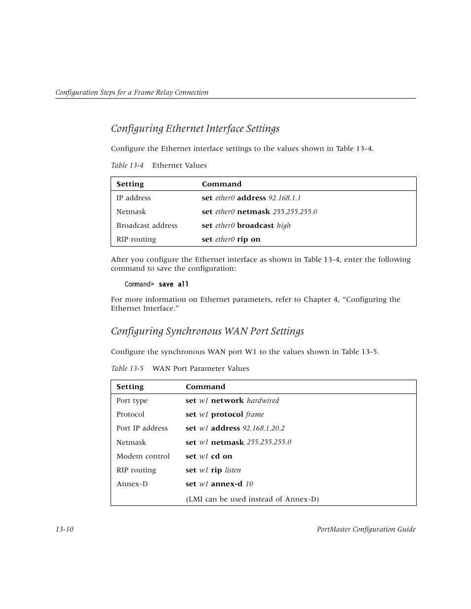 Configuring ethernet interface settings, Configuring synchronous wan port settings | Lucent Technologies PortMaster User Manual | Page 216 / 364