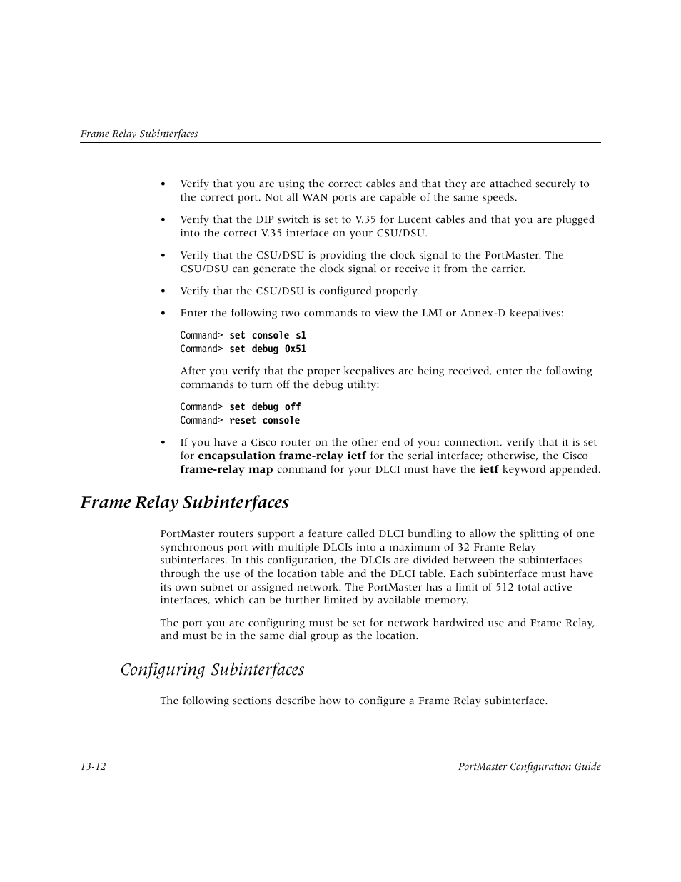 Frame relay subinterfaces, Configuring subinterfaces, Frame relay subinterfaces -12 | Configuring subinterfaces -12 | Lucent Technologies PortMaster User Manual | Page 218 / 364