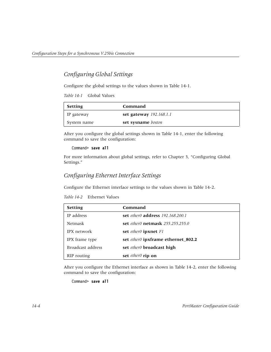 Configuring global settings, Configuring ethernet interface settings | Lucent Technologies PortMaster User Manual | Page 226 / 364