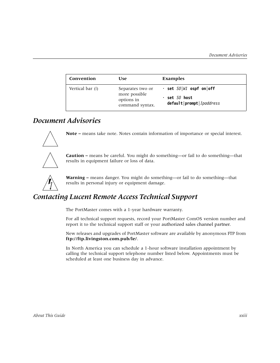 Document advisories, Contacting lucent remote access technical support | Lucent Technologies PortMaster User Manual | Page 23 / 364