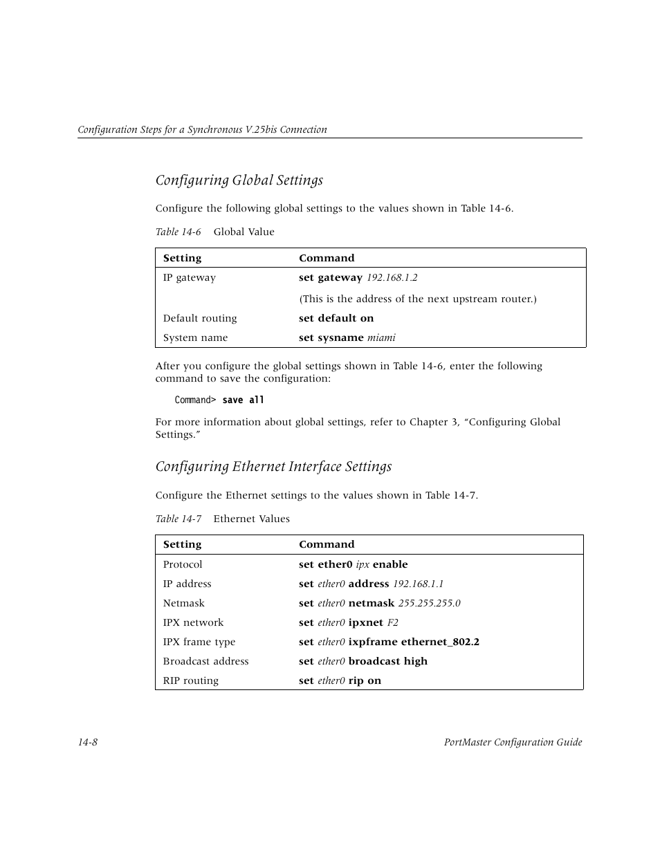 Configuring global settings, Configuring ethernet interface settings | Lucent Technologies PortMaster User Manual | Page 230 / 364