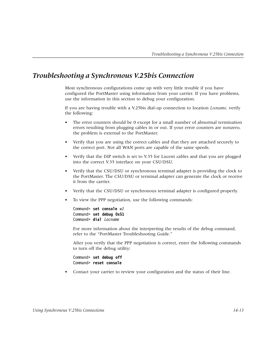 Troubleshooting a synchronous v.25bis connection | Lucent Technologies PortMaster User Manual | Page 235 / 364