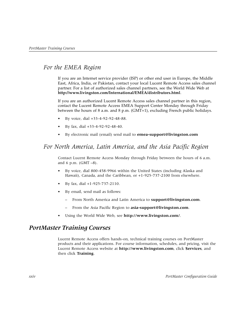For the emea region, Portmaster training courses | Lucent Technologies PortMaster User Manual | Page 24 / 364