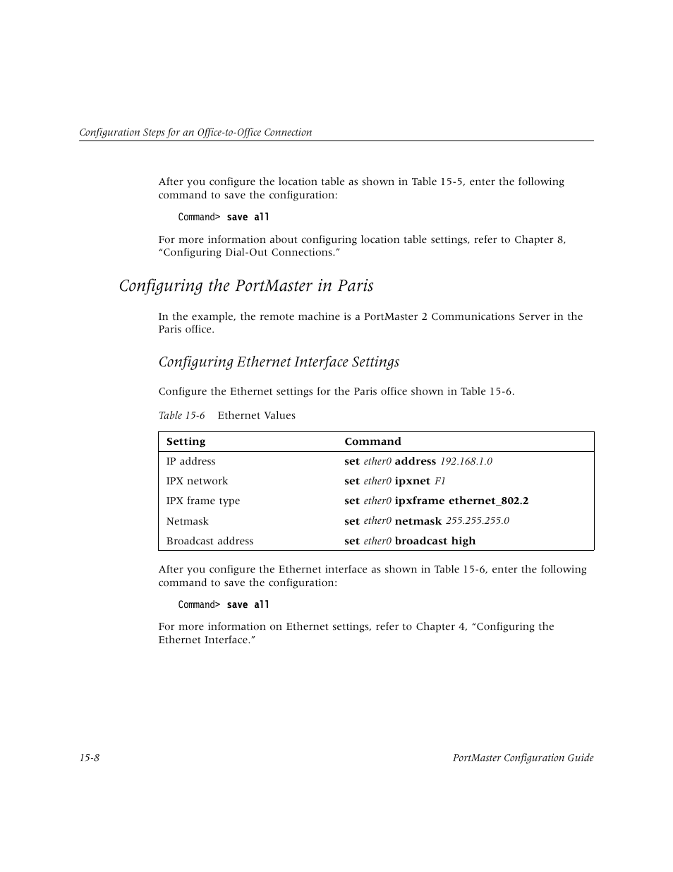 Configuring the portmaster in paris, Configuring the portmaster in paris -8, Configuring ethernet interface settings | Lucent Technologies PortMaster User Manual | Page 244 / 364
