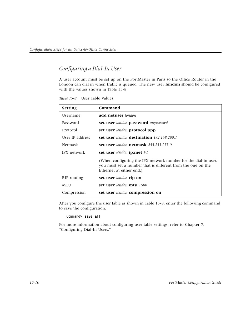 Configuring a dial-in user | Lucent Technologies PortMaster User Manual | Page 246 / 364