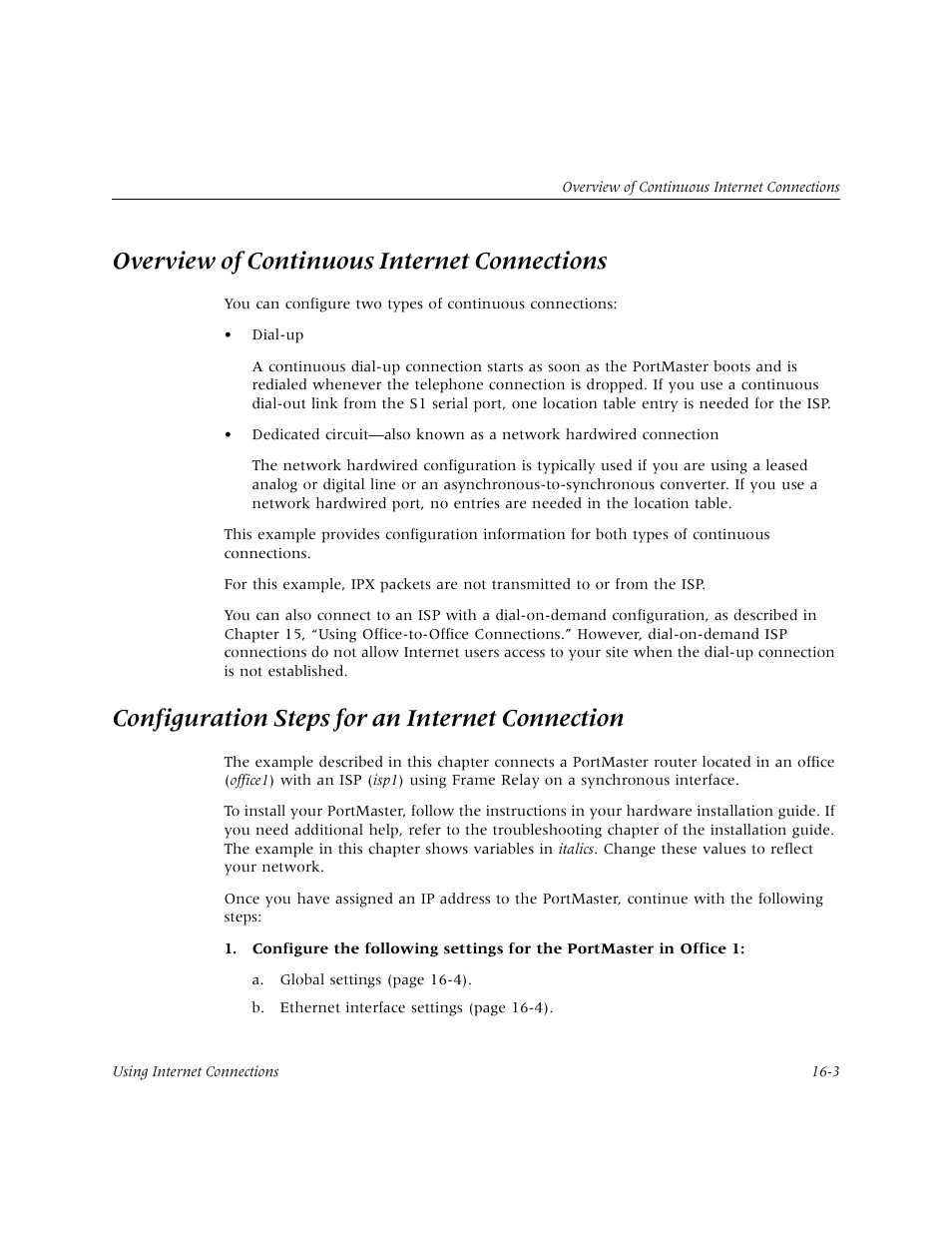 Overview of continuous internet connections, Configuration steps for an internet connection, Overview of continuous internet connections -3 | Configuration steps for an internet connection -3 | Lucent Technologies PortMaster User Manual | Page 255 / 364