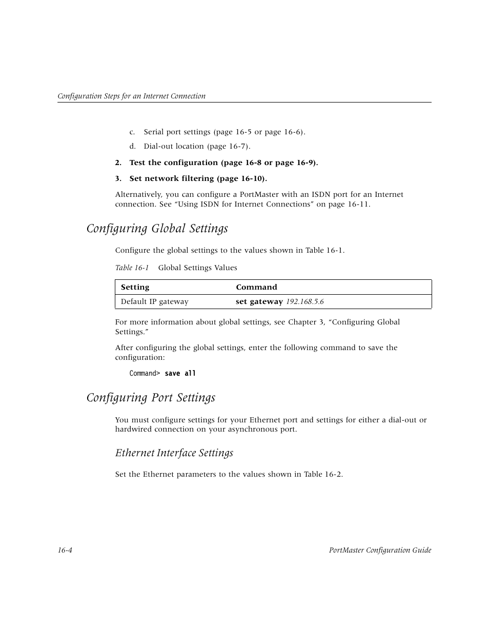 Configuring global settings, Configuring port settings, Configuring global settings -4 | Configuring port settings -4, Ethernet interface settings | Lucent Technologies PortMaster User Manual | Page 256 / 364