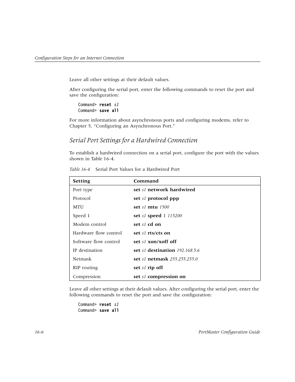 Serial port settings for a hardwired connection | Lucent Technologies PortMaster User Manual | Page 258 / 364