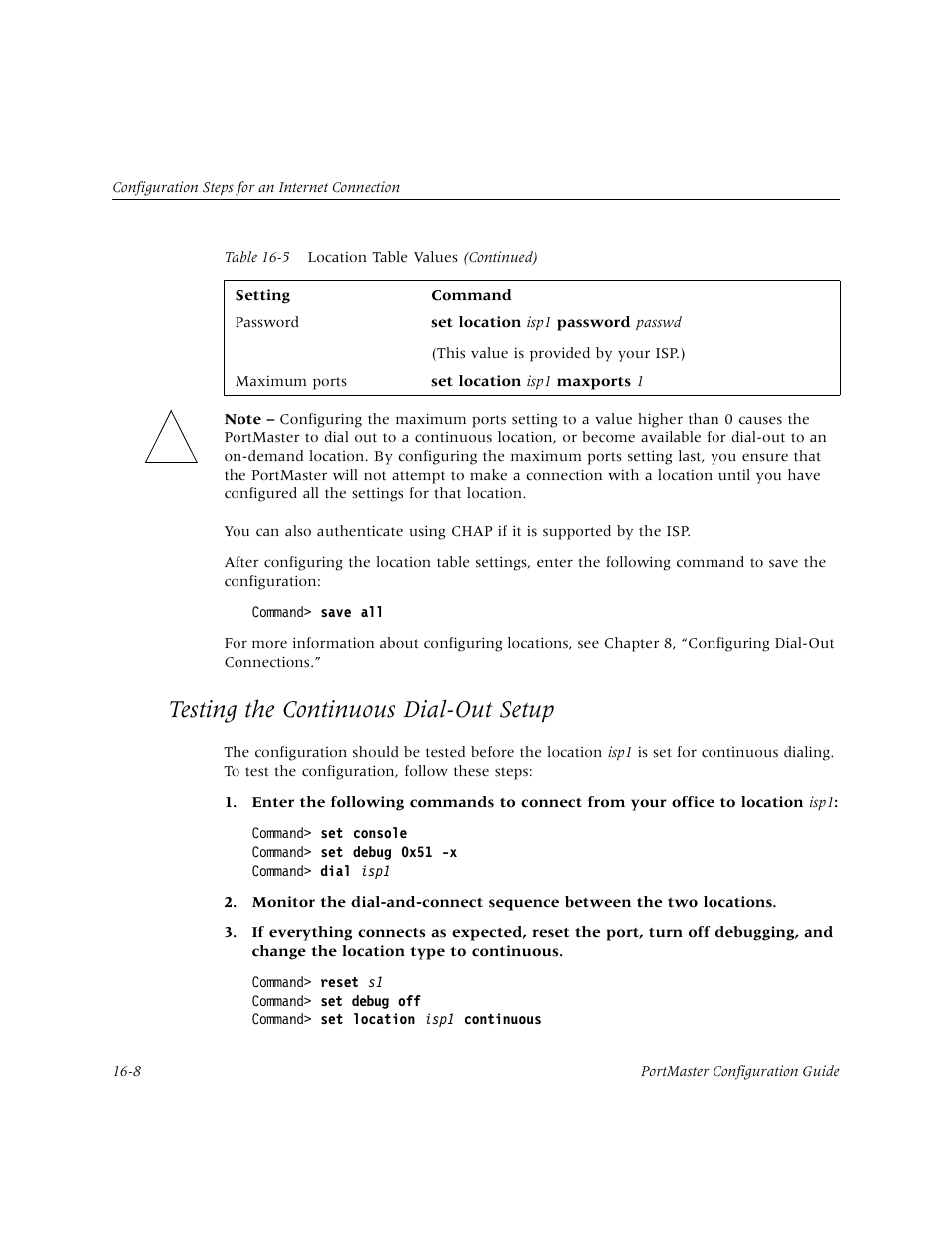 Testing the continuous dial-out setup, Testing the continuous dial-out setup -8 | Lucent Technologies PortMaster User Manual | Page 260 / 364