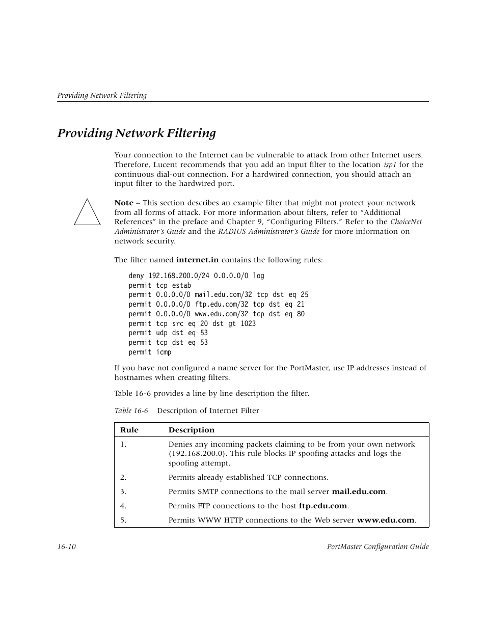 Providing network filtering, Providing network filtering -10 | Lucent Technologies PortMaster User Manual | Page 262 / 364