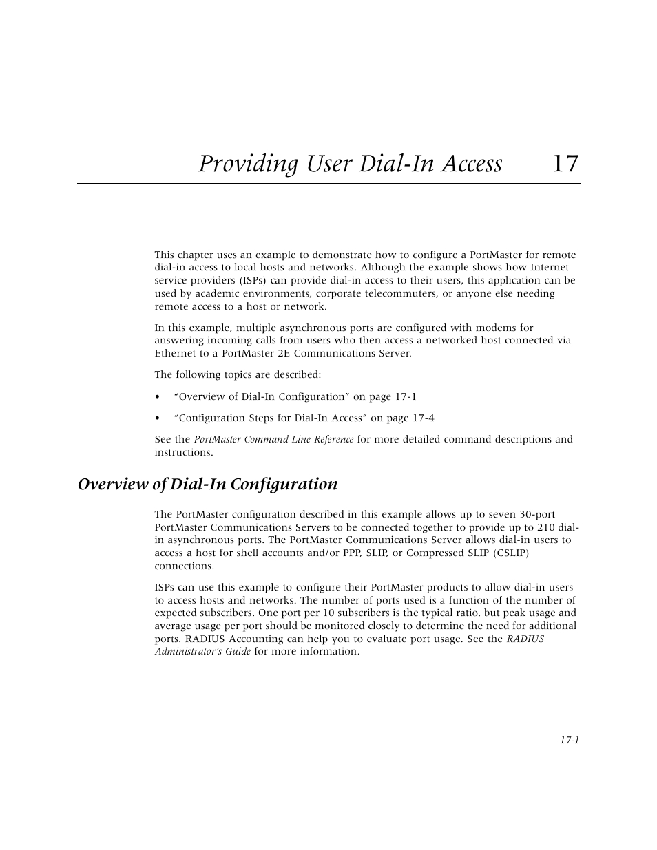 Providing user dial-in access 17, Overview of dial-in configuration, Providing user dial-in access | Overview of dial-in configuration -1 | Lucent Technologies PortMaster User Manual | Page 265 / 364