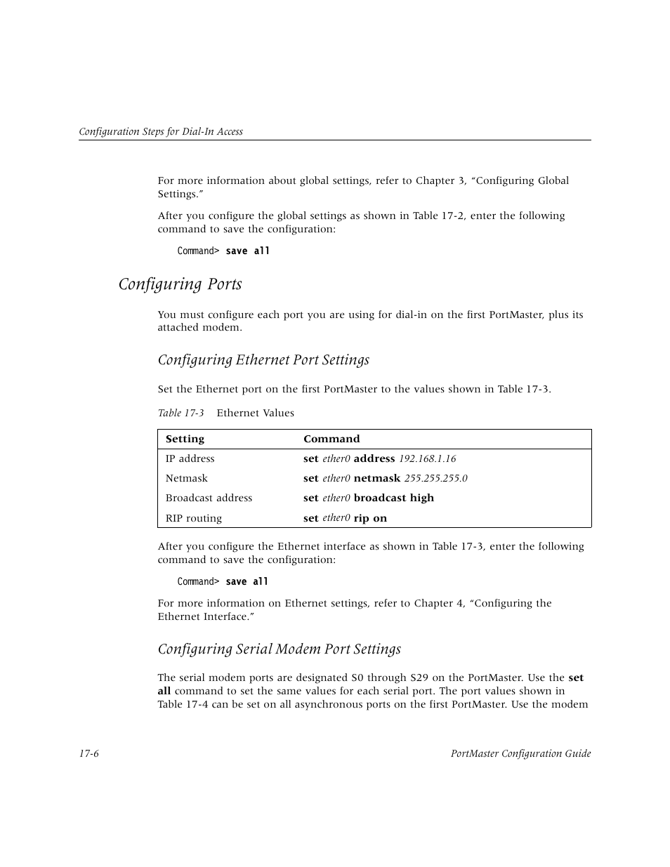 Configuring ports, Configuring ports -6, Configuring ethernet port settings | Configuring serial modem port settings | Lucent Technologies PortMaster User Manual | Page 270 / 364