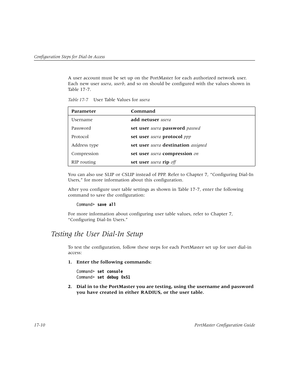 Testing the user dial-in setup, Testing the user dial-in setup -10 | Lucent Technologies PortMaster User Manual | Page 274 / 364
