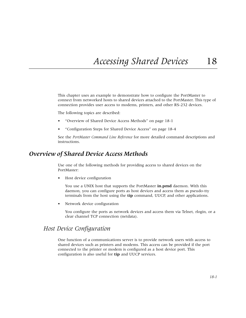 Accessing shared devices 18, Overview of shared device access methods, Host device configuration | Accessing shared devices, Overview of shared device access methods -1, Host device configuration -1 | Lucent Technologies PortMaster User Manual | Page 277 / 364