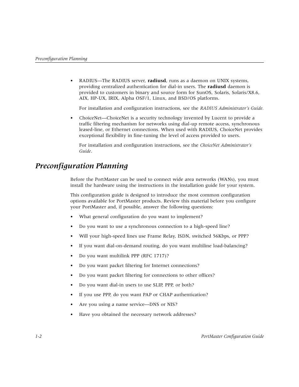 Preconfiguration planning | Lucent Technologies PortMaster User Manual | Page 28 / 364