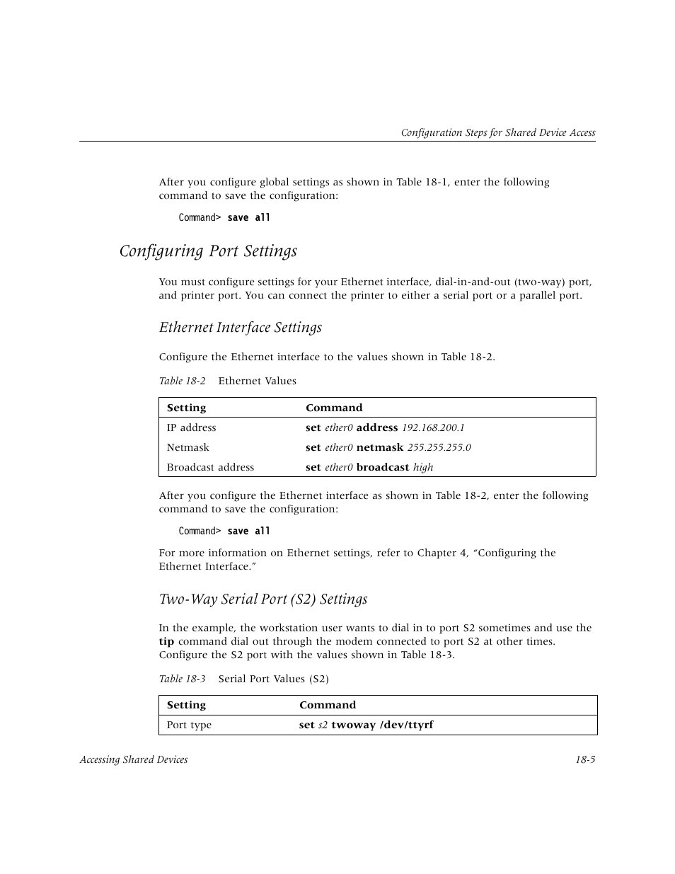 Configuring port settings, Configuring port settings -5, Ethernet interface settings | Two-way serial port (s2) settings | Lucent Technologies PortMaster User Manual | Page 281 / 364