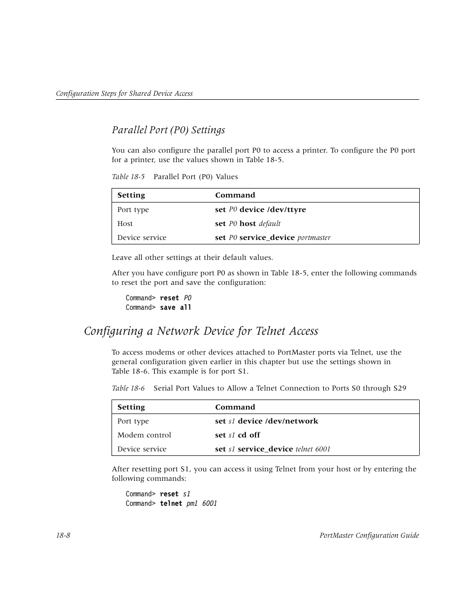 Configuring a network device for telnet access, Configuring a network device for telnet access -8, Parallel port (p0) settings | Lucent Technologies PortMaster User Manual | Page 284 / 364