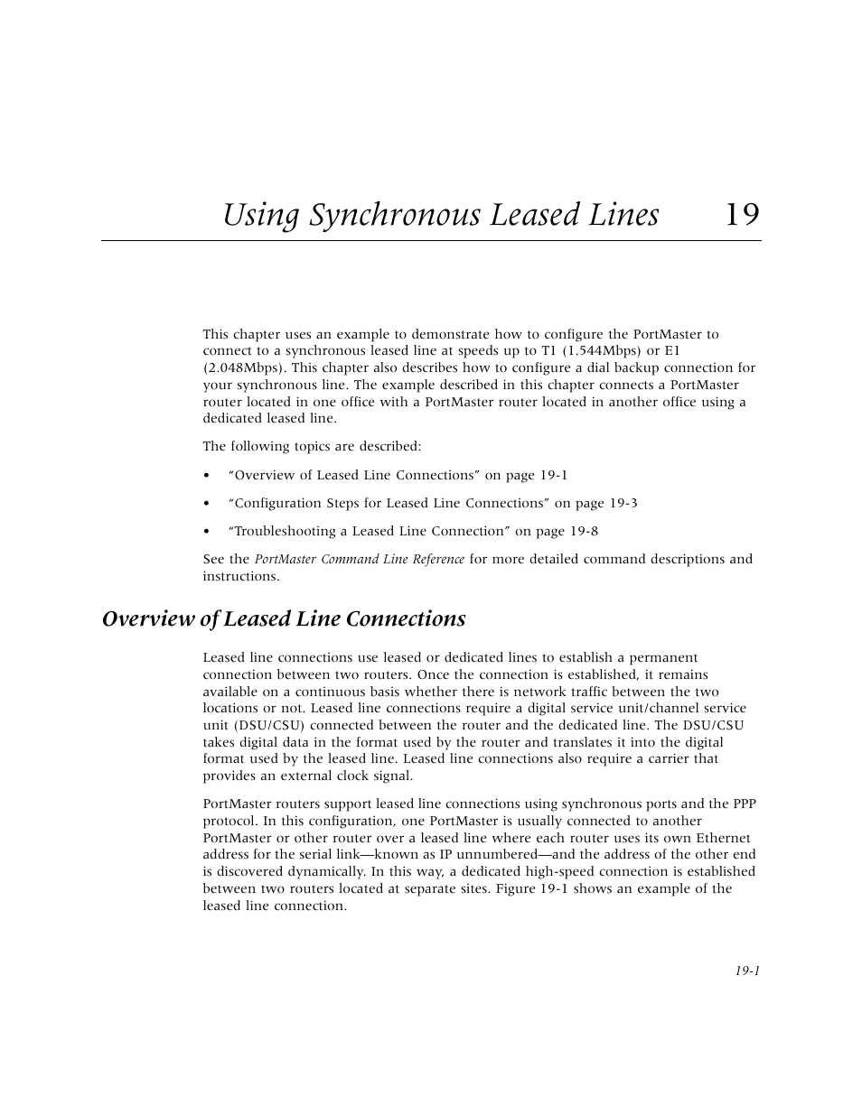 Using synchronous leased lines 19, Overview of leased line connections, Using synchronous leased lines | Overview of leased line connections -1, Ee chapter 19, “using synchronous leased line, Chapter 19, “using synchronous leased line | Lucent Technologies PortMaster User Manual | Page 287 / 364