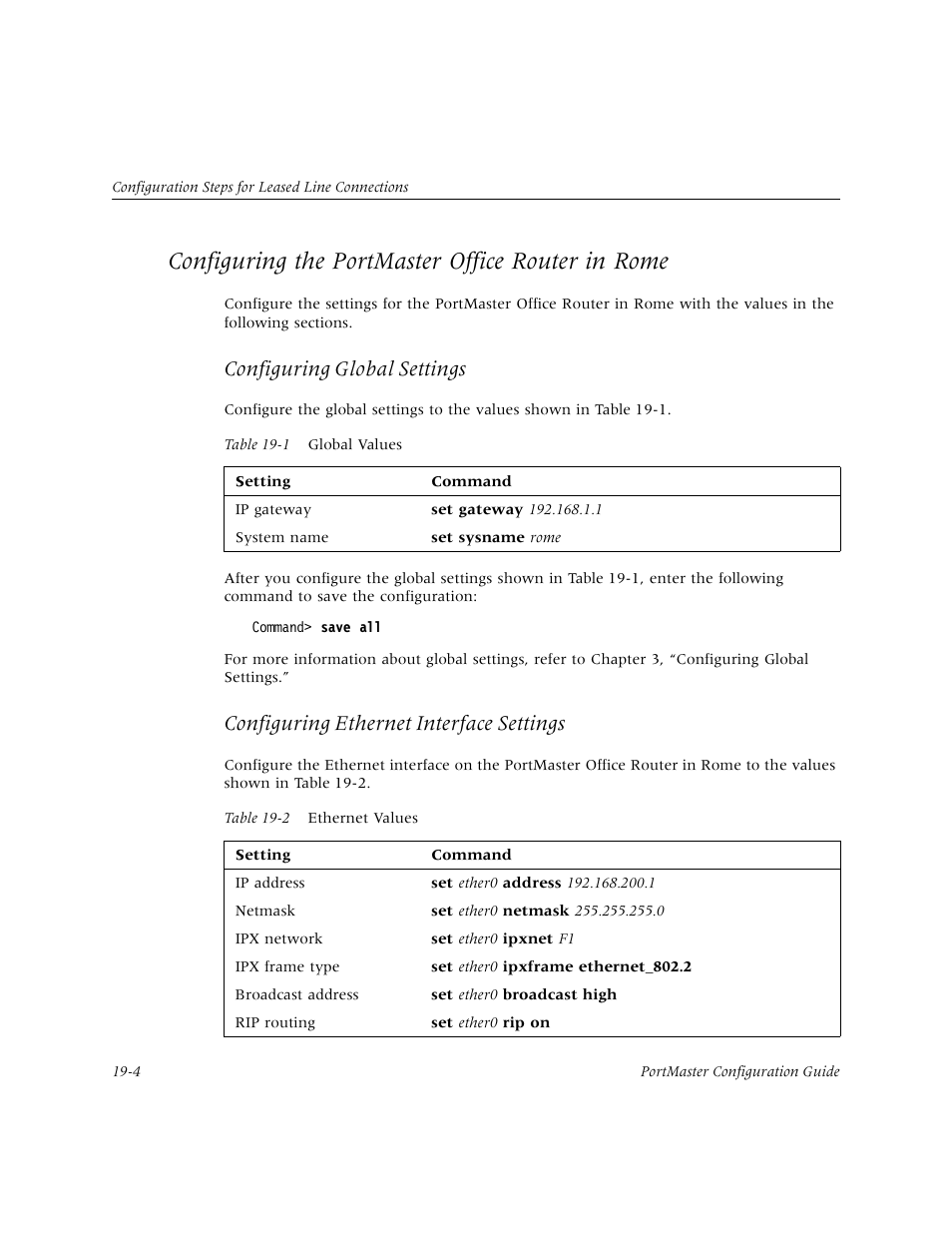 Configuring the portmaster office router in rome, Configuring global settings, Configuring ethernet interface settings | Lucent Technologies PortMaster User Manual | Page 290 / 364