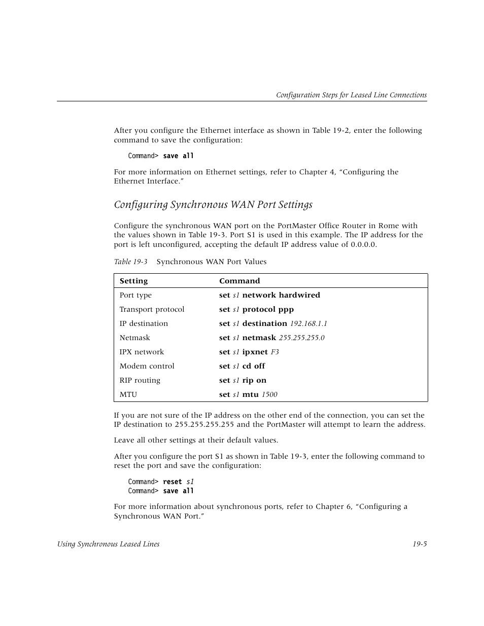 Configuring synchronous wan port settings | Lucent Technologies PortMaster User Manual | Page 291 / 364