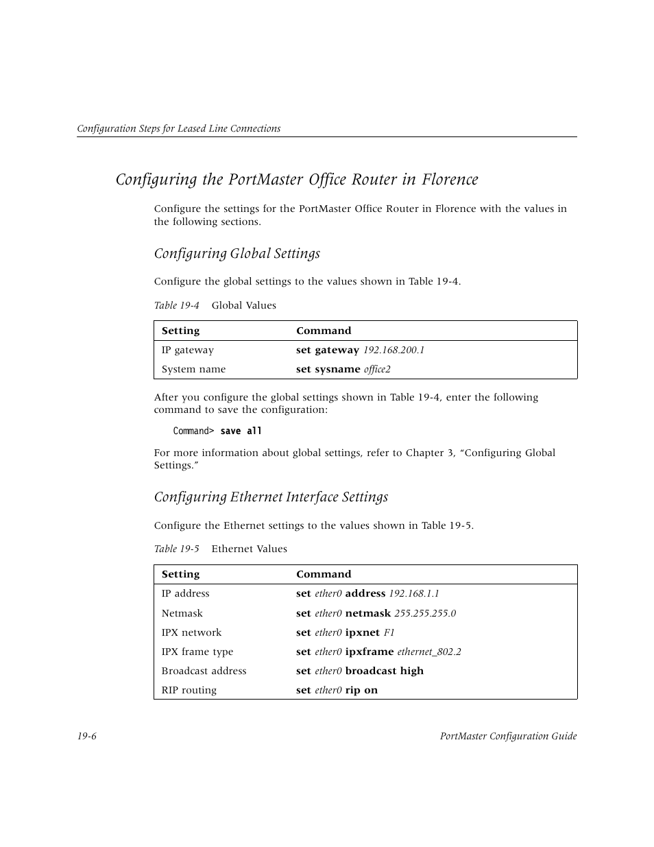 Configuring global settings, Configuring ethernet interface settings | Lucent Technologies PortMaster User Manual | Page 292 / 364