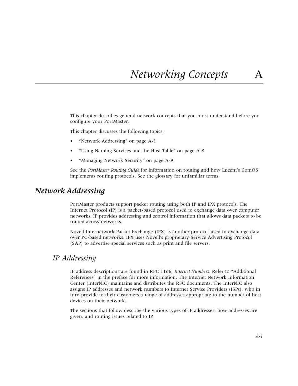 Networking concepts a, Network addressing, Ip addressing | A. networking concepts | Lucent Technologies PortMaster User Manual | Page 297 / 364