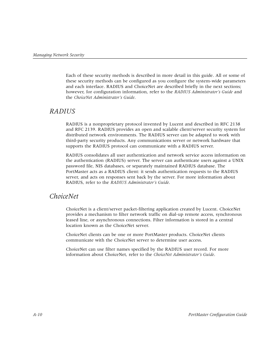Radius, Choicenet | Lucent Technologies PortMaster User Manual | Page 306 / 364
