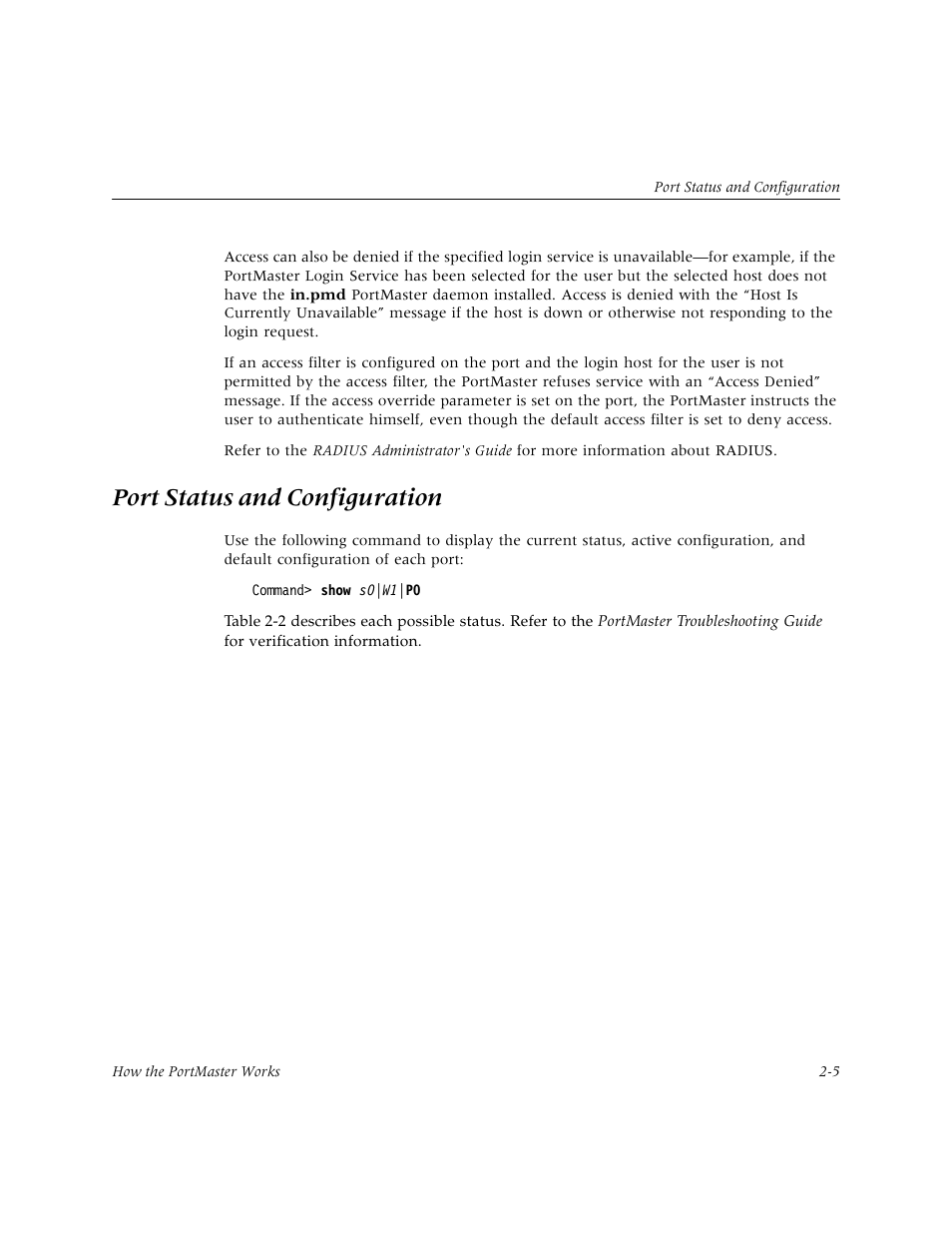 Port status and configuration | Lucent Technologies PortMaster User Manual | Page 37 / 364