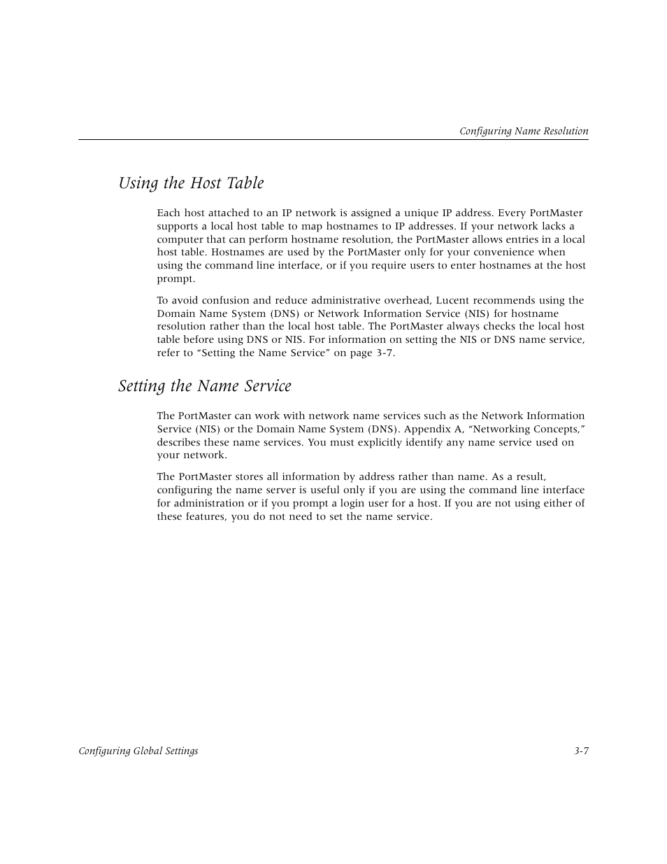 Using the host table, Setting the name service | Lucent Technologies PortMaster User Manual | Page 45 / 364