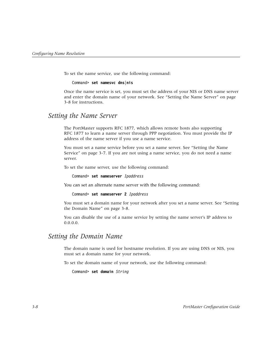 Setting the name server, Setting the domain name | Lucent Technologies PortMaster User Manual | Page 46 / 364