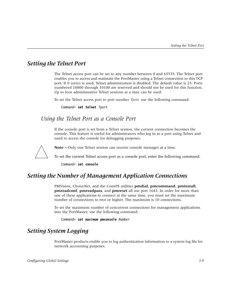Setting the telnet port, Using the telnet port as a console port, Setting system logging | Lucent Technologies PortMaster User Manual | Page 47 / 364