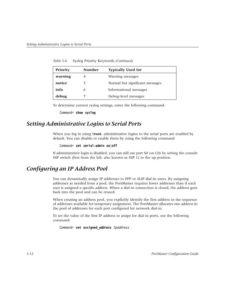Setting administrative logins to serial ports, Configuring an ip address pool, Setting administrative logins to serial ports -12 | Configuring an ip address pool -12 | Lucent Technologies PortMaster User Manual | Page 50 / 364